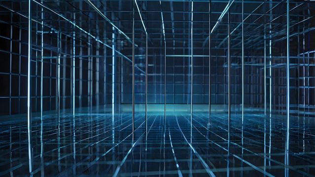 Inside a virtual 3D grid cage with glowing blue lines stretching into the dark, representing an abstract technology background
