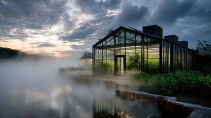 Fototapeta premium Modern greenhouse with a glass wall