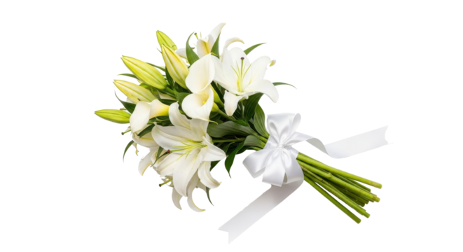 Bouquet of white lily flowers with ribbon isolated PNG with Transparent Background