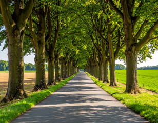 Fototapeta premium Serene Tree-Lined Roadway - Sunlight Filtering Through Lush Green Canopy, Perspective View.