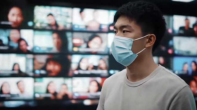 Asian Man Wearing Medical Mask Standing Before a Screen Full of Video Calls - Powered by Adobe