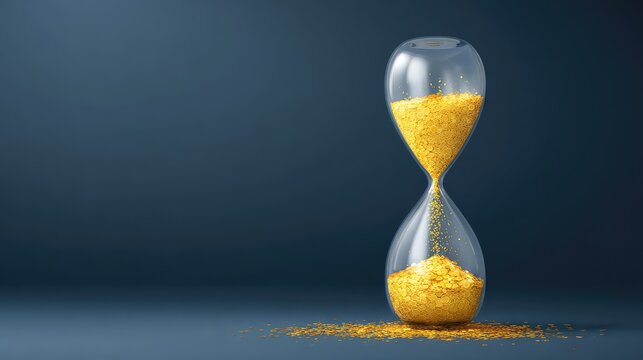 Elegant hourglass filled with shimmering golden sand, symbolizing the passage of time, wealth, luxury, and the importance of seizing opportunities in life and business ventures.