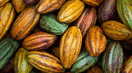 Fototapeta premium Close-up view of ripe cocoa pods in varying shades of yellow, green, and brown tightly packed together, showcasing natural texture and organic growth