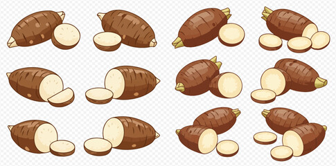 A collection of illustrated cassava roots, some whole and others cut into slices, showcasing their brown skin and white starchy interior.