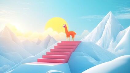 Cute llama on pink steps, snowy peaks