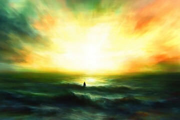 A lone figure standing in the ocean waves under a vibrant and colorful sky during sunrise or sunset, evoking a sense of solitude and contemplation