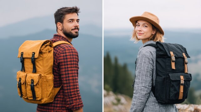 Young travelers with stylish backpacks enjoy nature on a scenic mountain, showcasing adventure, exploration, and outdoor lifestyle in a breathtaking landscape background.