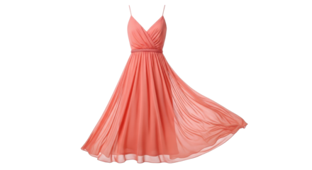 Elegant flowing coral dress for fashion retail isolated PNG with Transparent Background