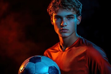 Focused young male soccer player holding a soccer ball with intense expression against dark contrasting blue and orange background lighting