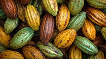 Close-up view of colorful ripe cacao pods showcasing natural textures and earthy tones in a vibrant arrangement