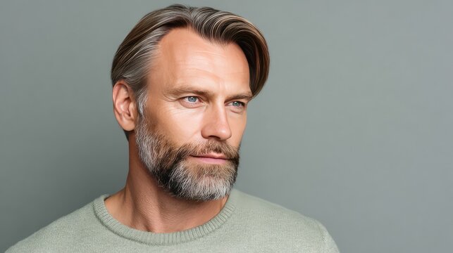Stylish mature man with gray hair and beard wearing a casual sweater, posing thoughtfully against a muted green backdrop, capturing elegance and sophistication in portrait photography.