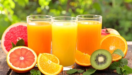 Colorful juices and fresh fruits