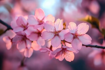 Obraz premium Close-up of delicate pink cherry blossom flowers bathed in warm soft light with a blurred gentle pastel background, evoking a serene and peaceful springtime mood
