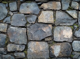 Close-up view of an old stone wall with irregularly shaped stones and moss growing in the crevices, showcasing a rugged and natural texture