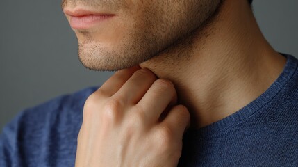 Fototapeta premium Close-up of a Young Man Gently Touching His Neck with a Thoughtful Expression, Capturing Introspection and Gentle Care in Soft Lighting
