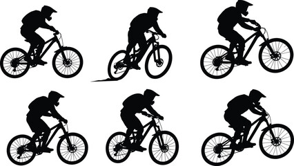 Obraz premium Mountain biker silhouette, downhill cycling, extreme sport rider, outdoor adventure biking, off road trail, black vector illustration, cycling action, helmet safety
