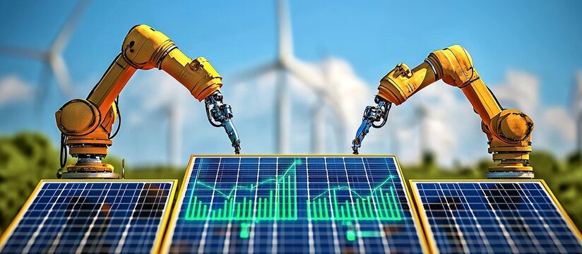 Robotic arms working with solar panels and wind turbines