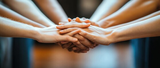 Multiple diverse hands stacked together showing unity, teamwork, and mutual support in a close-up warm-toned setting