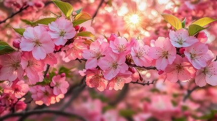 Close-up of vibrant pink cherry blossoms blooming on tree branches with green leaves under warm sunlight creating a peaceful and serene atmosphere