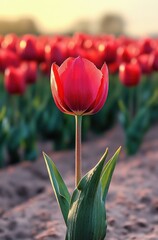 Close-up of a single vibrant red tulip in a field with soft morning light and blurred rows of similar tulips in the background