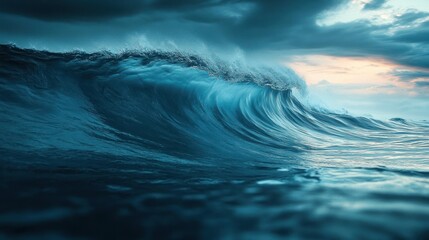 A large ocean wave curling and crashing under a moody cloudy sky with a hint of sunlight on the horizon