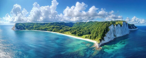 Panoramic view of a lush green island with white cliffs surrounded by clear blue ocean under a bright sky filled with fluffy clouds