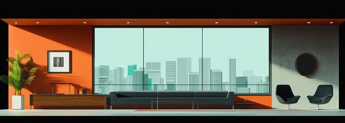 Modern spacious living room with large floor-to-ceiling windows offering cityscape view, orange accent wall, black sofa, armchairs, decorative green plant, and minimalistic decor