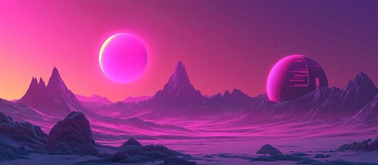 An alien landscape with planetary bodies under a vibrant cosmic sky