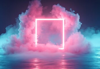 Neon rectangle frame in pink and blue smoke