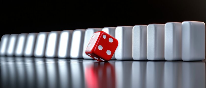 Close-up of a red dice tipping over in front of a row of standing white dominoes on a reflective surface under soft lighting