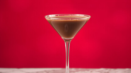 A close-up of a chocolate martini glass with space for text or background use against a spotlessly crimson studio backdrop, .
