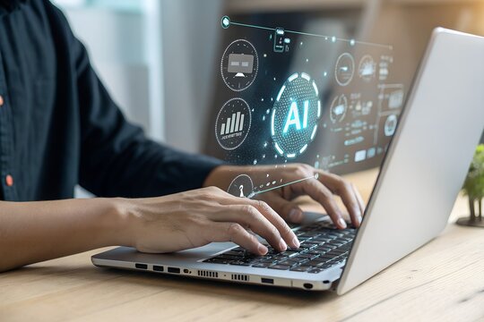 Artificial intelligence prompt generation concept. Businessman typing on laptop with AI interface and generate button. Technology innovation, generative AI, automation and smart tool.
