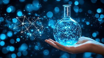 Hand holding a glowing flask with connected lines and dots