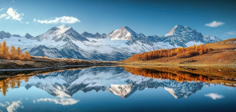 Serene mountain landscape featuring snow-capped peaks reflected in calm lake waters under a clear blue sky with autumn-colored trees along the shoreline