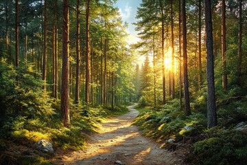 Fototapeta premium Sunlight streaming through tall pine trees onto a winding dirt path surrounded by lush green foliage in a serene forest