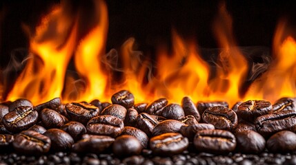 Roasted coffee beans are surrounded by vibrant and hot flames of fire