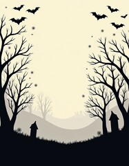 Minimalist Halloween border design featuring black silhouettes of spooky trees a swarm of flying bats and creepy spider webs border background  spooky illustration decoration