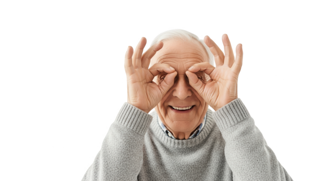 Cheerful elderly man making binoculars with hands over eyes, isolated on transparent background