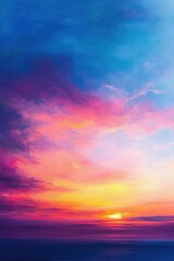 Fototapeta premium Vibrant sunset over calm ocean with colorful clouds blending shades of pink, purple, orange, and blue creating a serene and peaceful atmosphere