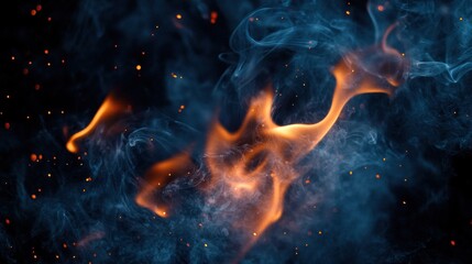 Fototapeta premium Close-up of orange fire flames with swirling gray smoke and glowing embers on a dark background, conveying intense energy and dynamic movement