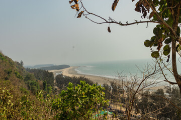 Beautiful forest-covered hilltop in Bangladesh providing panoramic ocean view with sandy shoreline curving into horizon background.
