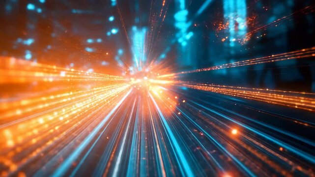Dynamic Light Trails in Digital Space with Vibrant Blue and Orange Streaks