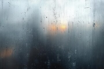 Fogged glass window with condensation and streaks blurring the view of a dim urban landscape with soft light and muted colors