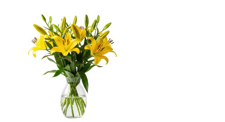 Vibrant yellow lily bouquet in a clear glass vase, featuring multiple blooming flowers and green foliage, isolated on a clean white background, perfect for floral design and spring themes.