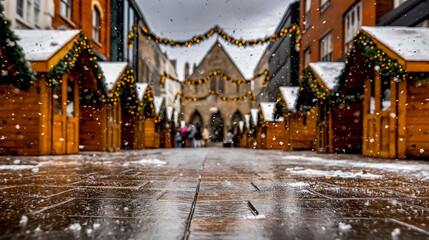 Fototapeta premium First Snow Day Market with Twinkling Lights