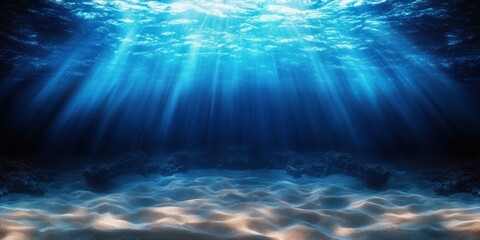 Sun rays penetrating crystal-clear blue ocean water illuminating the sandy seabed with underwater rocks in the distance, creating a peaceful and serene atmosphere