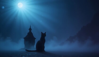 Black cat silhouette on foggy night with full moon and tower