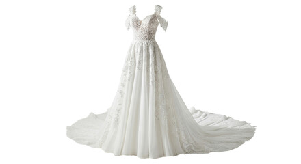 Elegant white wedding dress with lace detail isolated PNG with Transparent Background