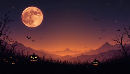 Halloween full moon mountain landscape with pumpkin silhouette
