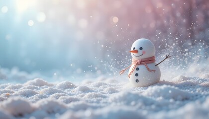 Cute little snowman on snow with pink bokeh winter background